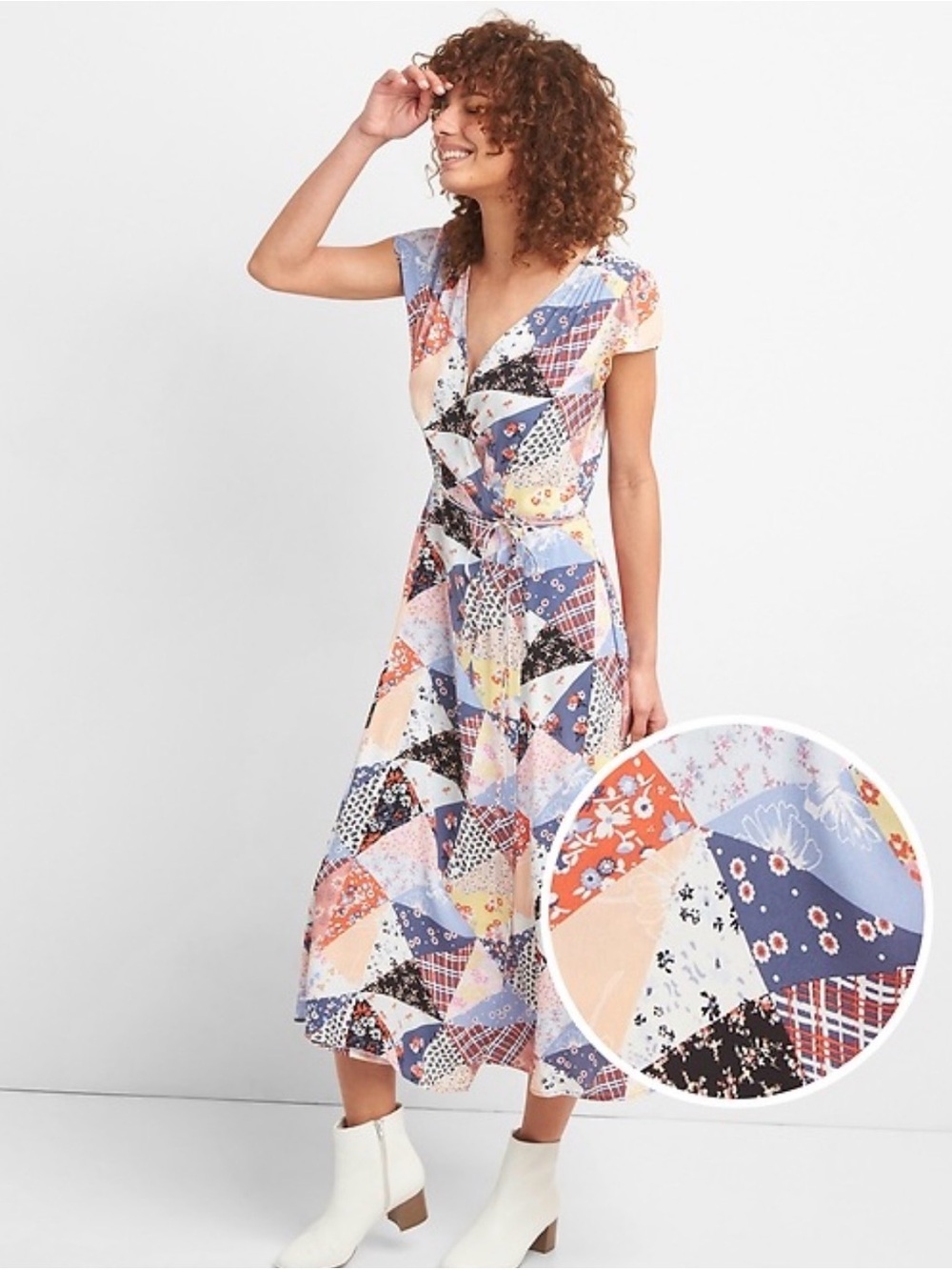 Gap Floral Colorful Patchwork Print Midi Wrap Dress. Small Petite